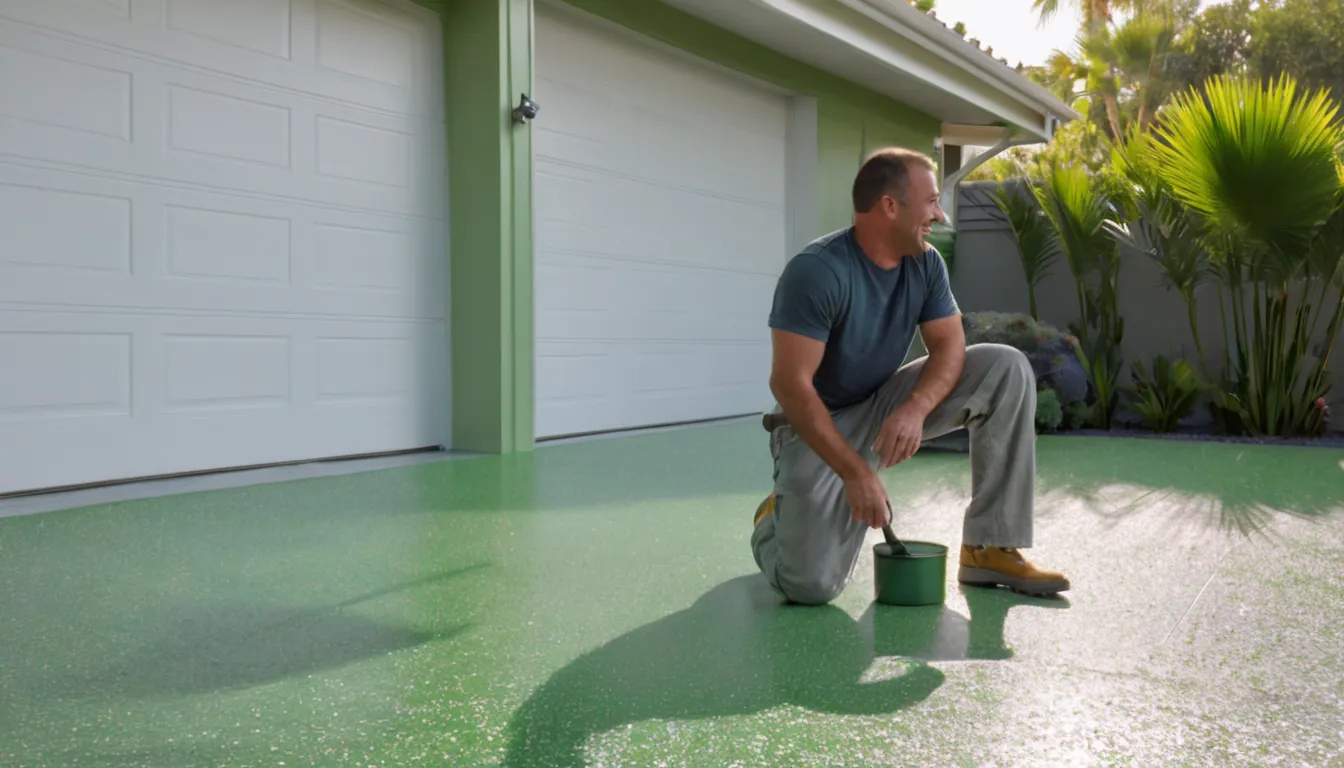 A freshly coated concrete floor in a bright home garage in Orlando, with a provider checking the finish
