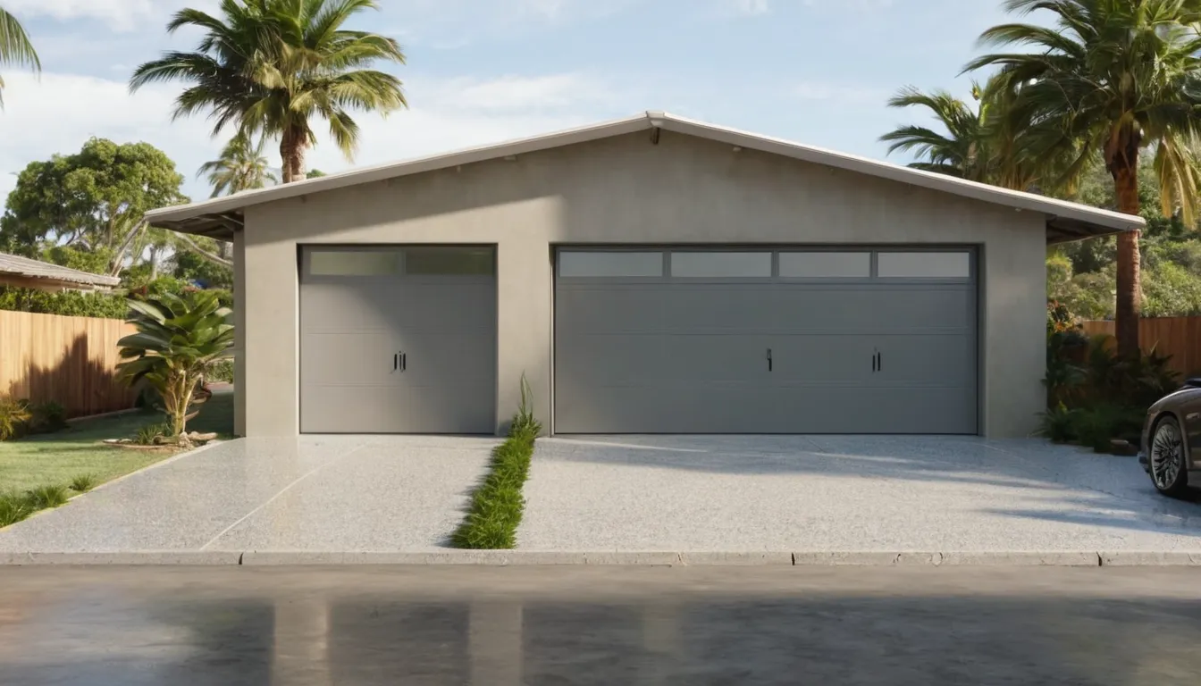 Freshly coated polyaspartic garage floor with gray and tan flakes in a Orlando home